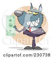 Poster, Art Print Of Wolf Business Man Holding Cash Over A Beige Circle