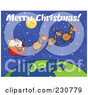 Poster, Art Print Of Merry Christmas Over Santa Waving And Flying Above Earth