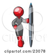 Red Woman In A Gray Dress Standing With One Hand On Her Hip Holding A Huge Pen