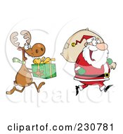 Poster, Art Print Of Elf Carrying A Christmas Present Behind Santa