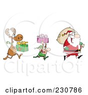 Poster, Art Print Of Reindeer And Elf Carrying Christmas Presents Behind Santa