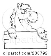 Poster, Art Print Of Coloring Page Outline Of A Happy Horse Looking Over A Blank Wood Sign