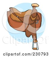 Royalty Free RF Clipart Illustration Of A Leather Horse Saddle Over A Blue Circle