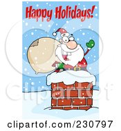 Royalty Free RF Clipart Illustration Of Happy Holidays Text Over A Santa In A Chimney And Waving