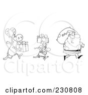 Poster, Art Print Of Coloring Page Outline Of A Reindeer And Elf Carrying Christmas Presents Behind Santa
