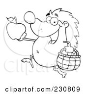Royalty Free RF Clipart Illustration Of A Coloring Page Outline Of A Hedgehog With An Apple And Basket