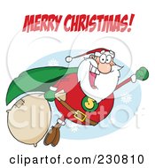 Royalty Free RF Clipart Illustration Of A Merry Christmas Text Over A Santa Super Hero Flying