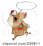 Royalty Free RF Clipart Illustration Of A Happy Christmas Bear Running With A Bag And Speech Balloon