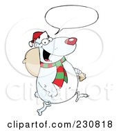 Royalty Free RF Clipart Illustration Of A Christmas Polar Bear Carrying A Sack Under A Speech Balloon by Hit Toon