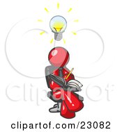 Smart Red Man Seated With His Legs Crossed Brainstorming And Writing Ideas Down In A Notebook Lightbulb Over His Head