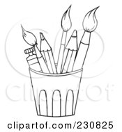 Royalty Free RF Clipart Illustration Of A Coloring Page Outline Of A Cup Of Pencils And Paintbrushes