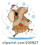 Royalty Free RF Clipart Illustration Of A Happy Christmas Bear Running In The Snow With A Bag