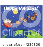 Poster, Art Print Of Happy Holidays Over Santa Waving And Flying Above Earth