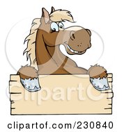 Poster, Art Print Of Happy Brown Horse Looking Over A Blank Wood Sign