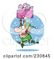 Poster, Art Print Of Happy Christmas Elf Running In The Snow With A Gift