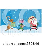 Poster, Art Print Of Reindeer And Elf Carrying Christmas Presents In The Snow Behind Santa