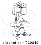 Poster, Art Print Of Coloring Page Outline Of A Happy Christmas Elf Running With A Gift