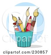Royalty Free RF Clipart Illustration Of Pencils And Paintbrushes In A Cup Over A Blue Circle