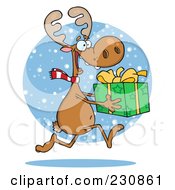 Royalty Free RF Clipart Illustration Of A Happy Christmas Reindeer Running In The Snow With A Gift