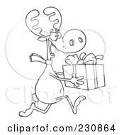 Royalty Free RF Clipart Illustration Of A Coloring Page Outline Of A Christmas Reindeer Running With A Gift