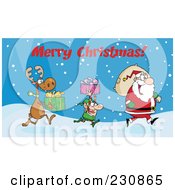Poster, Art Print Of Merry Christmas Above A Reindeer And Elf Carrying Christmas Presents In The Snow Behind Santa