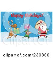 Poster, Art Print Of Happy Holidays Above A Reindeer And Elf Carrying Christmas Presents In The Snow Behind Santa