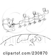 Poster, Art Print Of A Coloring Page Outline Of Santa Waving And Flying Above Earth