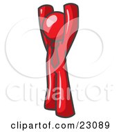 Clipart Illustration Of A Red Man Standing With His Arms Above His Head