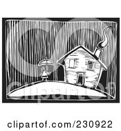 Poster, Art Print Of Black And White Woodcut Styled Girl By Her Home In A Rain Storm