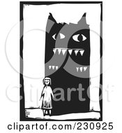 Poster, Art Print Of Black And White Woodcut Styled Girl And Giant Monster