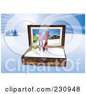 Royalty Free RF Clipart Illustration Of A Snowboard And Skis In A Suitcase In A Winter Landscape by Eugene