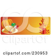 Poster, Art Print Of Orange Thanksgiving Website Banner With A Roasted Turkey Pumpkin And Fall Leaves