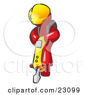 Red Construction Worker Man Wearing A Hardhat And Operating A Yellow Jackhammer While Doing Road Work