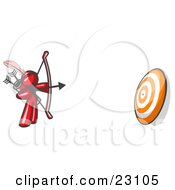 Clipart Illustration Of A Red Man Aiming A Bow And Arrow At A Target During Archery Practice