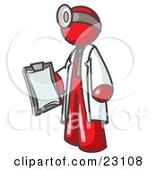 Red Male Doctor Holding A Clipboard And Wearing A Head Lamp by Leo Blanchette