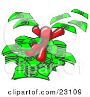 Clipart Illustration Of A Red Business Man Jumping In A Pile Of Money And Throwing Cash Into The Air