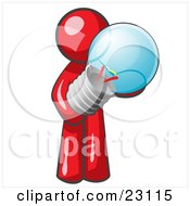 Clipart Illustration Of A Red Man Holding A Glass Electric Lightbulb Symbolizing Utilities Or Ideas