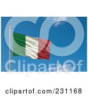 Flag Of Italy Waving On A Pole Against A Blue Sky