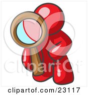 Clipart Illustration Of A Red Man Kneeling On One Knee To Look Closer At Something While Inspecting Or Investigating