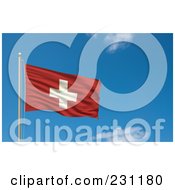 Royalty Free RF Clipart Illustration Of The Flag Of Switzerland Waving On A Pole Against A Blue Sky