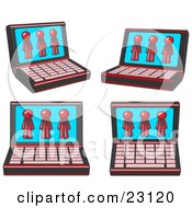 Clipart Illustration Of Four Laptop Computers With Three Red Men On Each Screen
