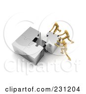 Poster, Art Print Of 3d Wooden Mannequins Working Together To Push A Puzzle Piece Into The Right Place