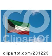 Royalty Free RF Clipart Illustration Of The Flag Of Kuwait Waving On A Pole Against A Blue Sky