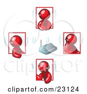 Clipart Illustration Of A Group Of Four Red Men Holding A Phone Meeting And Wearing Wireless Bluetooth Headsets