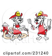 Royalty Free RF Clipart Illustration Of A Dalmatian Dog Using A Bbq Sauce Hose And Another Dog Holding Tongs And A Spatula by LaffToon
