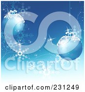 Poster, Art Print Of Christmas Background Of Two Blue Balls With Snow Sparkles And Snowflakes