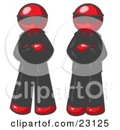 Clipart Illustration Of Two Red Men Standing With Their Arms Crossed Wearing Sunglasses And Black Suits by Leo Blanchette