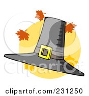 Poster, Art Print Of Tall Pilgrim Hat With Autumn Leaves Over A Yellow Circle