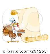 Poster, Art Print Of Happy Thanksgiving Turkey Bird Holding A Pie By A Blank Menu Scroll