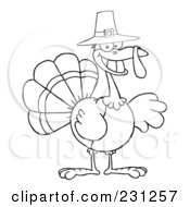 Royalty Free RF Clipart Illustration Of A Coloring Page Outline Of A Happy Thanksgiving Pilgrim Turkey Bird Smiling